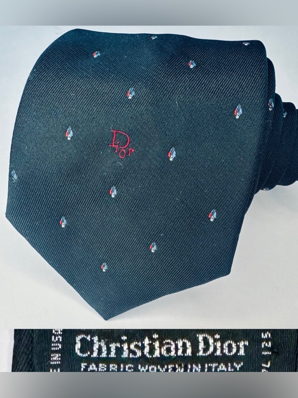 Vintage DIOR Classic Black Embroidered Signature & Dot Patterned Blend Tie, 3”